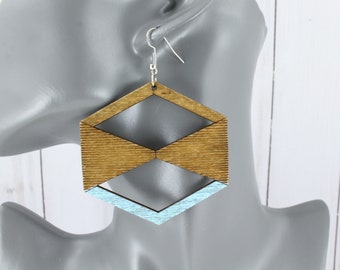 Blue Brown wood earrings hexagon earrings wood very lightweight big 3 1/8" long light weight