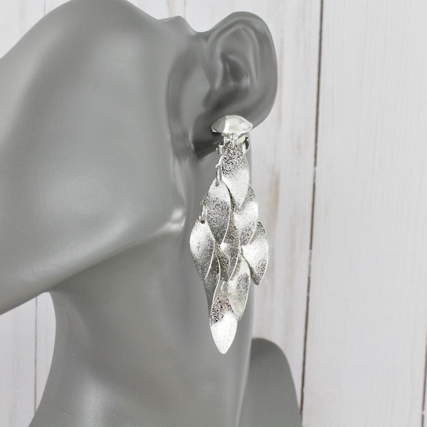 Silver clip on earrings chandelier lightweight dangle clips filigree metal 3" long wiggly flowy clips non-pierced earrings sparkly