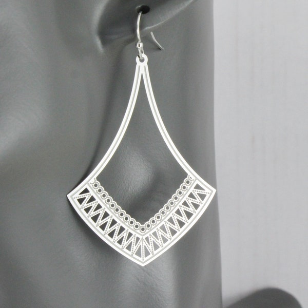 Silver teardrop earrings super lightweight filigree cut out pattern medallion big 2 3/8" long light shiny oval earrings