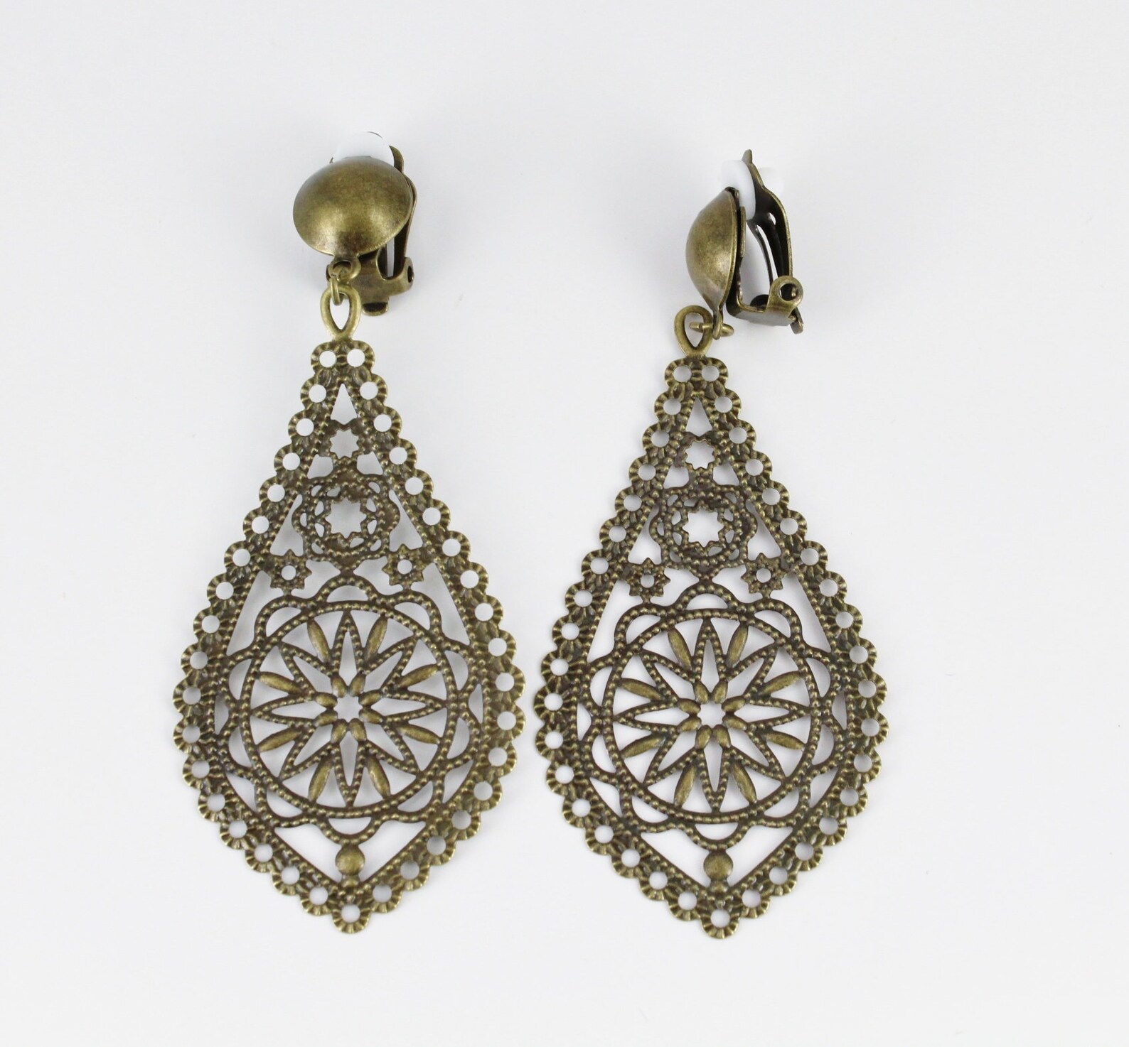 Clip on Earrings Large Antiqued Bronze Gold Teardrop Filigree Etsy