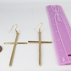 long Gold Cross dangle earrings 3 7/8 long lightweight big huge cross pendant dangly cross pendant earrings easter image 8