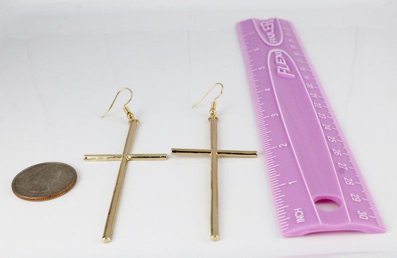 long Gold Cross dangle earrings 3 7/8 long lightweight big huge cross pendant dangly cross pendant earrings easter image 8