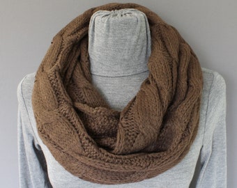 Dark Brown cable knit infinity scarf soft chunky knit circle endless loop long circular brown scarf cabled scarf fall winter scarf