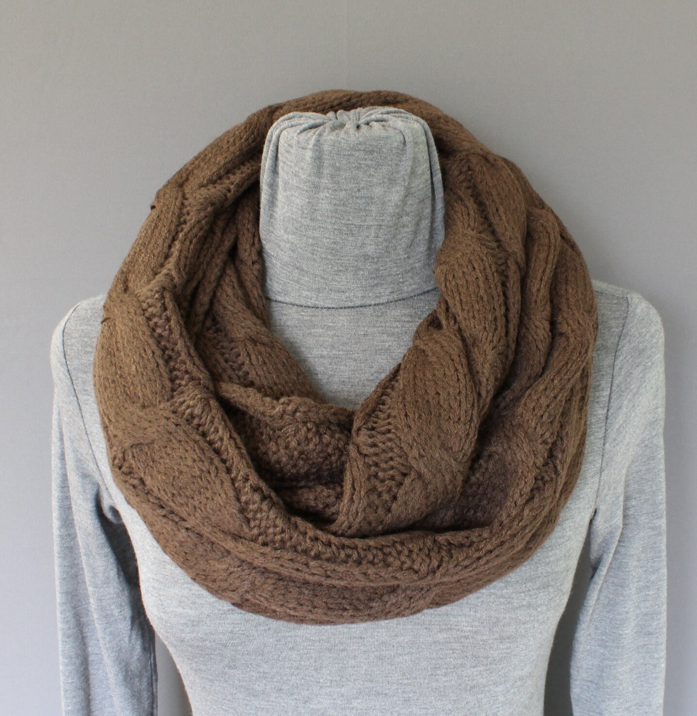 Dark Brown Cable Knit Infinity Scarf Soft Chunky Knit Circle Endless ...