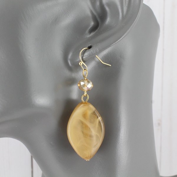 Tan gold earrings plastic faux gem stone dangle dangly  1.75" long marbled look oval shape beads beaded earrings statement