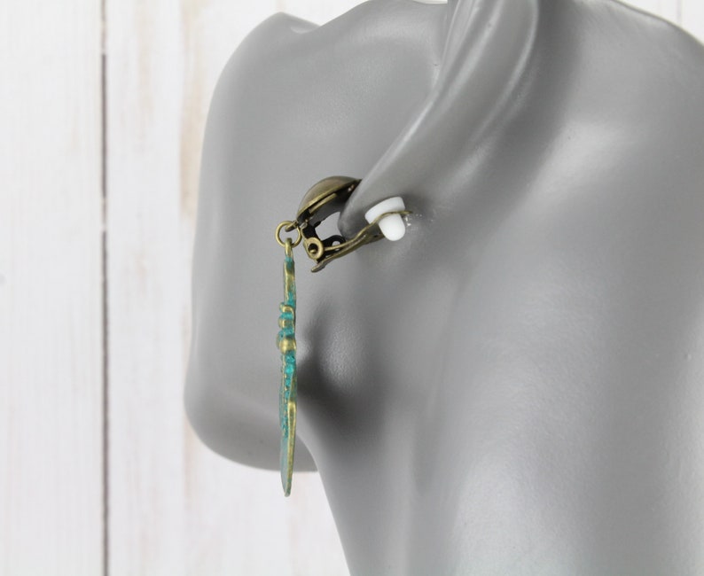 Clip On earrings turquoise green patina brass bronze teardrop Earrings Boho Chic Moroccan Medallion Dangle Earrings 2.25 long