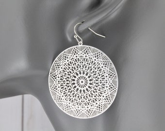 silver disc earrings filigree medallion scroll cut out round mandala dangle earrings dangle earrings 2 1/8" long very lightweight