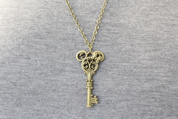 Mouse Ears Key Necklace 27 Long Necklace Chain Skeleton Key