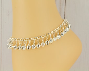 silver Jingle bells anklet ankle bracelet jewelry jingly bell 8 to 10 inches long adjustable hippie silver tone