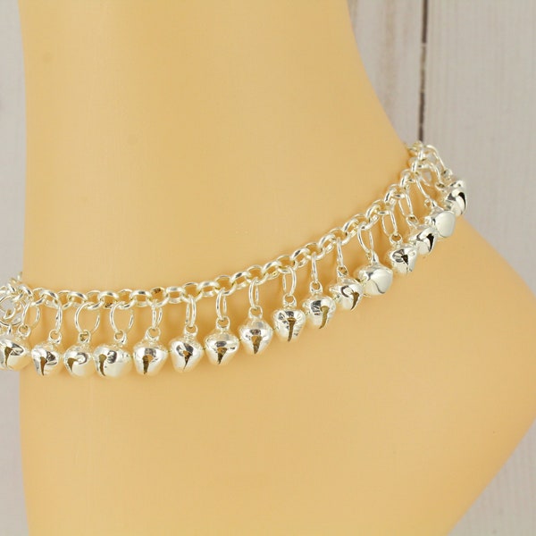 silver Jingle bells anklet ankle bracelet jewelry jingly bell 8 to 10 inches long adjustable hippie silver tone