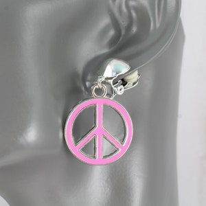 Clip on Pink Peace Sign earrings peace symbol Love dangle clip on earrings clips drop french hook 1.75&quot; long silver