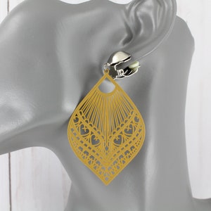 Dark Mustard Brown Yellow clip on earrings filigree teardrop dangle clip earrings medallion clips non-pierced 3&quot; long boho style big