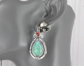 Clip on earrings Silver turquoise beaded teardrop medallion dangle drop earrings 2 1/8" long coral red bead antiqued silver clips