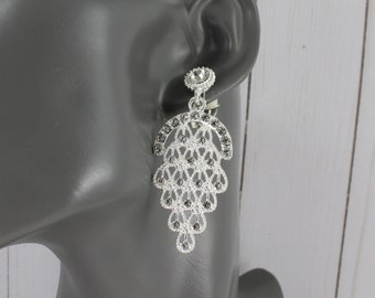 Silver clip on earrings clear crystals dangle clips medallion non-pierced 2 1/4" long clip oval pendant earrings