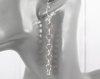 Silver Clip On earrings clear invisible clips lightweight Dangle 3" long oval chain links chandelier
