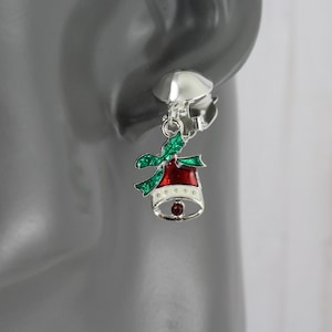 Clip On Bell earrings Christmas holiday gift dangle earrings jewelry winter lightweight clip on non pierced Red Green bell bow clips