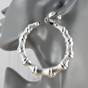 Silver Clip On earrings bamboo hoops hollow textured pendant clips lightweight 3 3/8&quot; long 2 7/8&quot; wide hoop big large hoops
