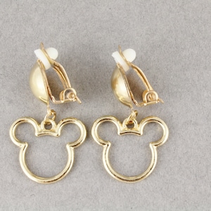 Gold mouse ears Clip On outline parks earrings dangle jewelry 1 1/16" long lightweight clips non-pierced earrings