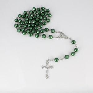 Green glass bead beaded rosary silver cross long necklace faux pearl 8mm glass beads dark green hunter green