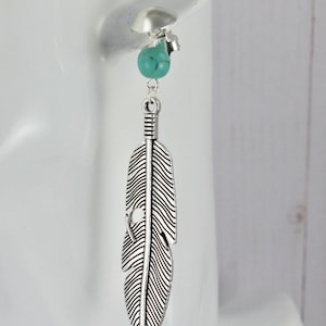 Silver turquoise clip on earrings metal feather dangle clip earrings leaf clips non-pierced earrings 3 3/8" long metal leaf clip on earrings