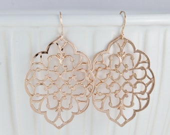 Rose Gold Filigree Earrings Teardrop Moroccan Medallion Large Big Dangle Earrings 2" long rose gold shiny Bridal Wedding bridesmaids