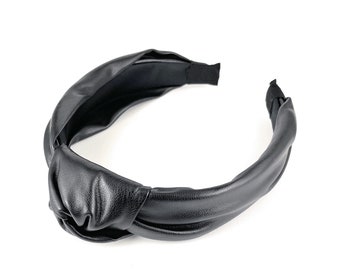 black faux leather Knot headband turban knot top knotted hair band soft lightweight headband black faux leather material