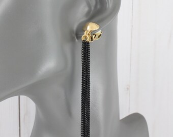 black Tassel clip on earrings dangle clip earrings black multi chain fringe tassel clips non-pierced earrings 3.5" long gold ear clip