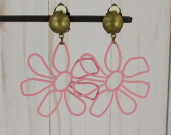 Clip on earrings Pink flower outline pendant dangle clips earrings medallion non-pierced earrings 2.5" long Very Lightweight floral daisy