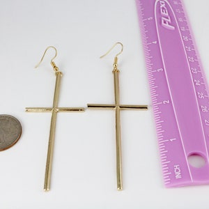 long Gold Cross dangle earrings 3 7/8 long lightweight big huge cross pendant dangly cross pendant earrings easter image 5