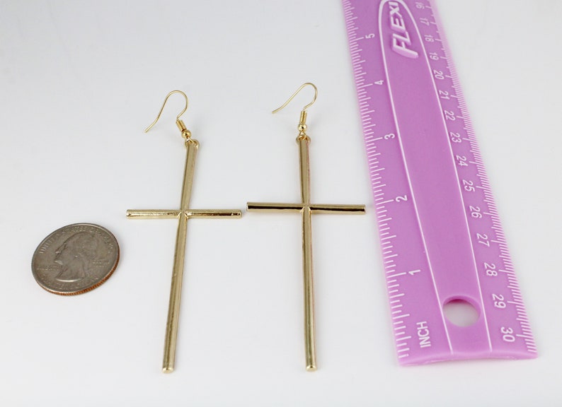 long Gold Cross dangle earrings 3 7/8 long lightweight big huge cross pendant dangly cross pendant earrings easter image 5