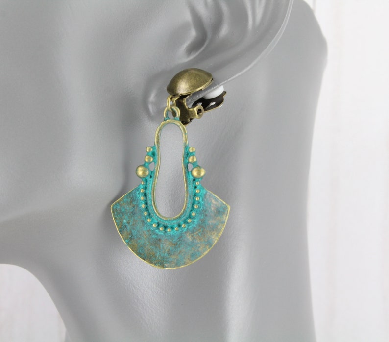 Clip On earrings turquoise green patina brass bronze teardrop Earrings Boho Chic Moroccan Medallion Dangle Earrings 2.25 long