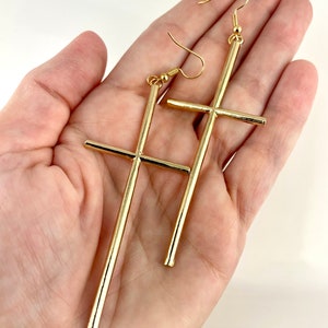 long Gold Cross dangle earrings 3 7/8 long lightweight big huge cross pendant dangly cross pendant earrings easter image 4