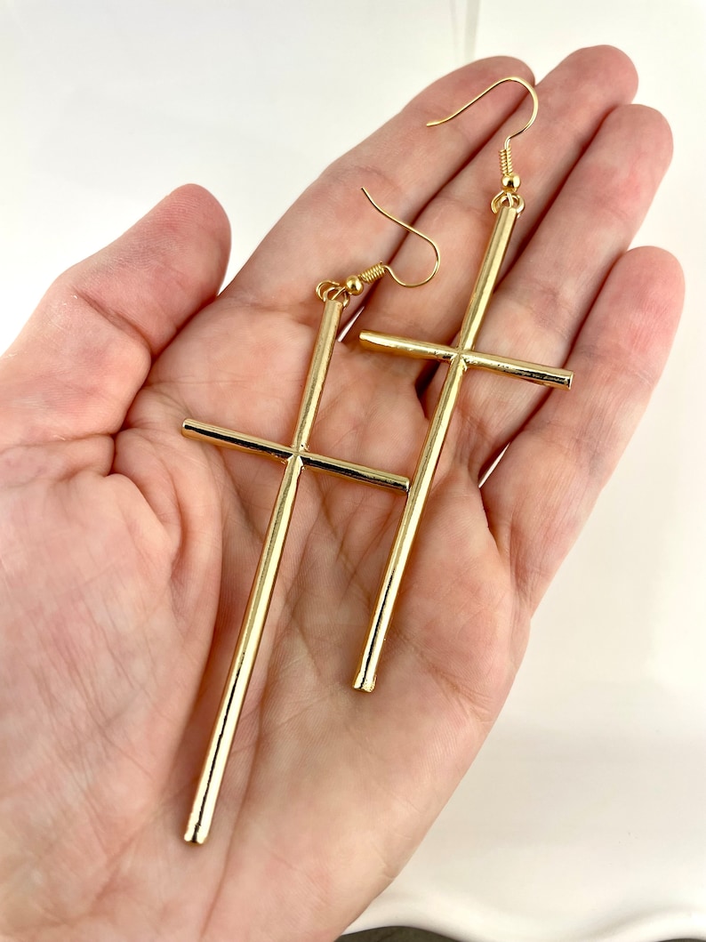 long Gold Cross dangle earrings 3 7/8 long lightweight big huge cross pendant dangly cross pendant earrings easter image 4