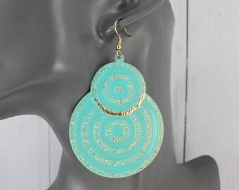Turquoise Gold teardrop earrings super lightweight stamped textured pattern medallion big 3" long light shiny ocircle earrings