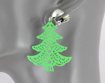 Clip on earrings Green Christmas tree filigree dangle clip earrings medallion clips non-pierced earrings 2 1/8" long earrings