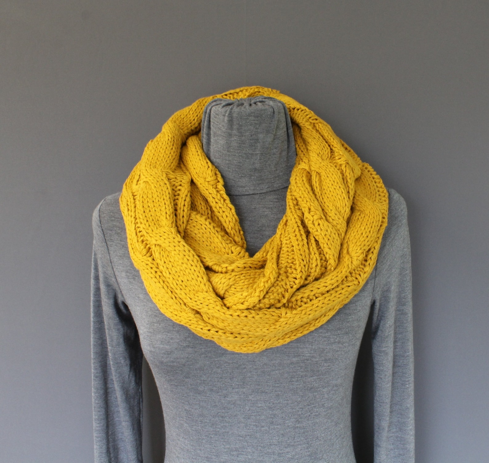 Mustard Cable Knit Infinity Scarf Soft Chunky Knit Circle Endless Loop ...