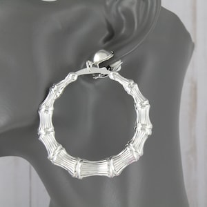 Silver Clip On earrings bamboo hoops hollow textured pendant clips lightweight 2 3/4&quot; long 2 1/8&quot; wide hoop