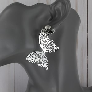 Silver clip on butterfly earrings filigree dangle clips butterfly wings non-pierced 2.5&quot; long gold clip butterfly pendant earrings
