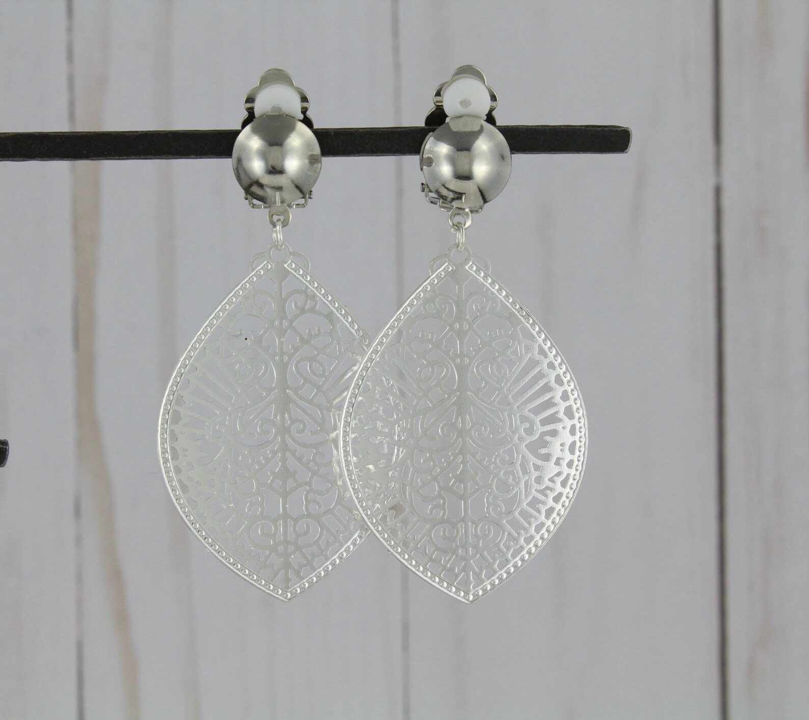 Silver Clip on Earrings Filigreeoval Teardrop Dangle Clip Etsy