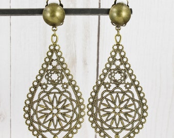 Clip On earrings Large antiqued Bronze Gold teardrop Filigree Earrings Boho Chic Moroccan Medallion Bohemian lightweight Big Dangle Earrings