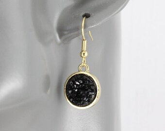 Black Gold druzy earrings 1 5/16" long lightweight small sparkly earrings round pendant
