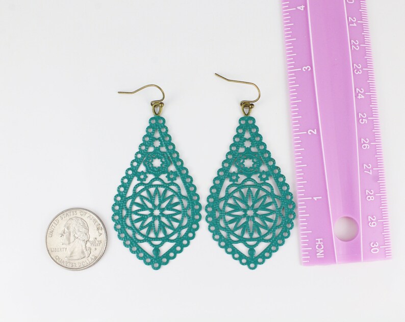 Filigree long drop earrings in green