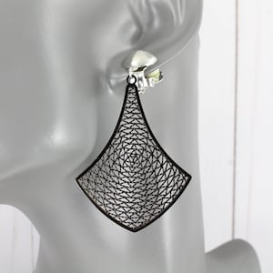 Black clip on earrings filigree teardrop dangle clip earrings medallion clips non-pierced earrings 2.5 long boho style big earrings