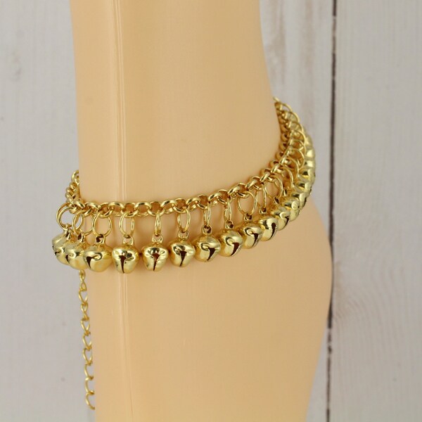 Jingle bells anklet ankle bracelet jewelry jingly bell 8 to 10.5 inches long adjustable hippie gold tone