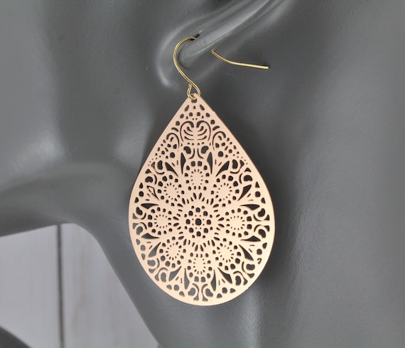 Rose Gold big Filigree Earrings Teardrop Boho Chic Moroccan Medallion Bohemian Filigree Big Dangle Earrings 2 3/8" long rose