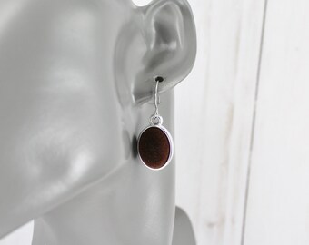 Dark Brown Silver velvet small oval Very lightweight dangle earrings 1.25" long velour Silver pendant