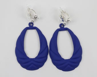 Clip on earrings Blue teardrop dangle oval pendant silver clips lightweight non-pierced 2.75" long
