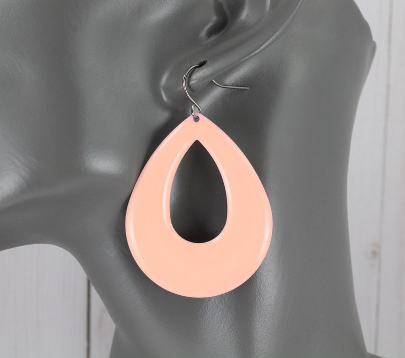 Peach earrings teardrop painted enamel lightweight 2 38 long dangle earrings light coral peach color