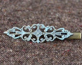 painted filigree medallion hair clip alligator clamp 2.5&quot; long verdigris patina turquoise color moroccan pendant