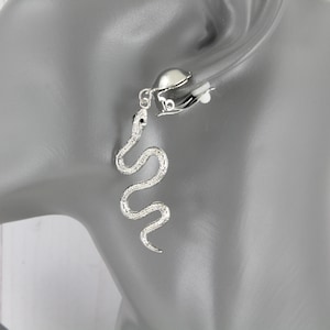 Clip on silver snake earrings asp cleopatra toga serpent dangle 2.5" long lightweight clip on clips non-pierced earrings